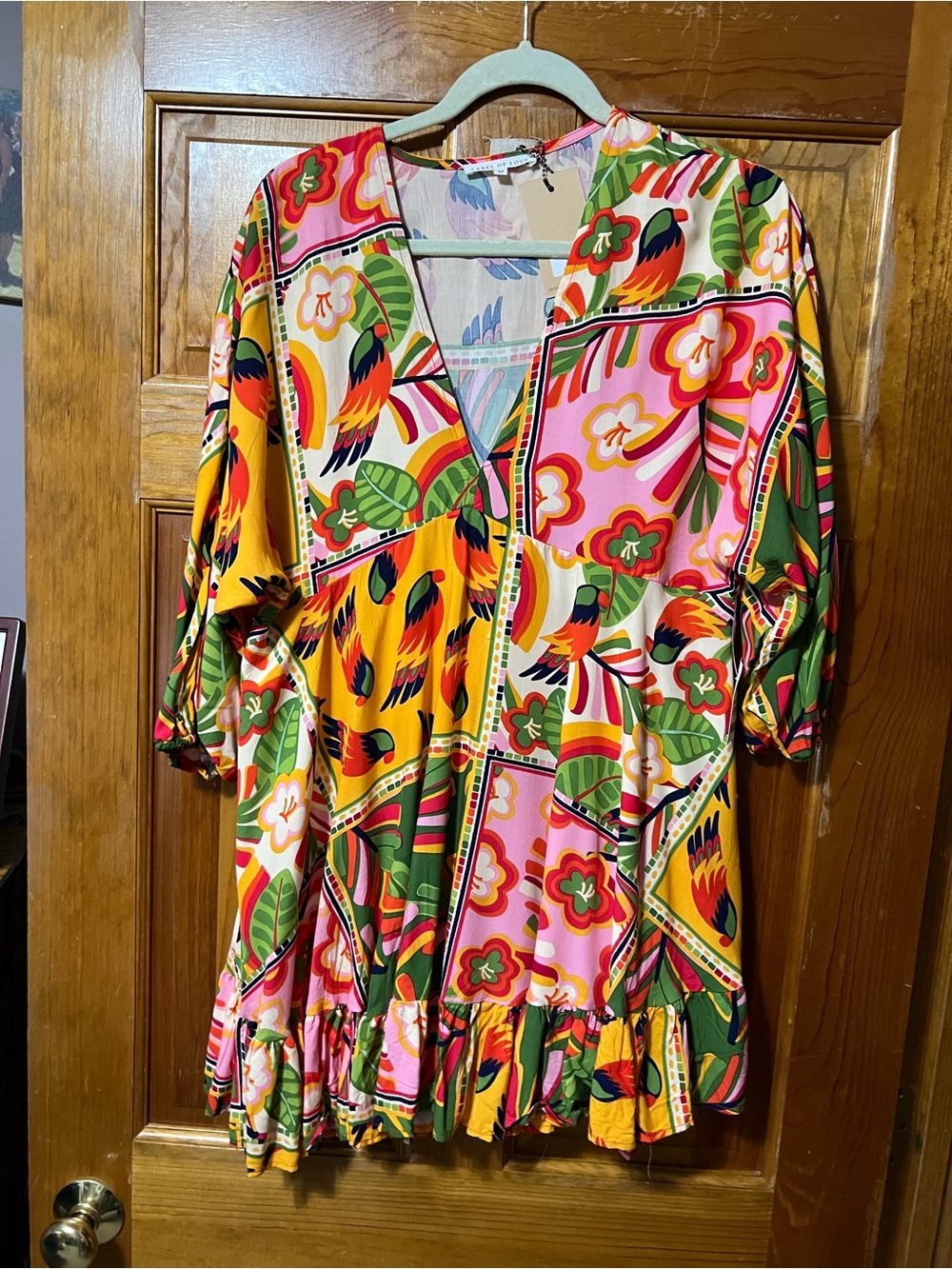 Label of Love. Vibrant Multi-Color Floral & Bird Print V-Neck Women’s Dress
